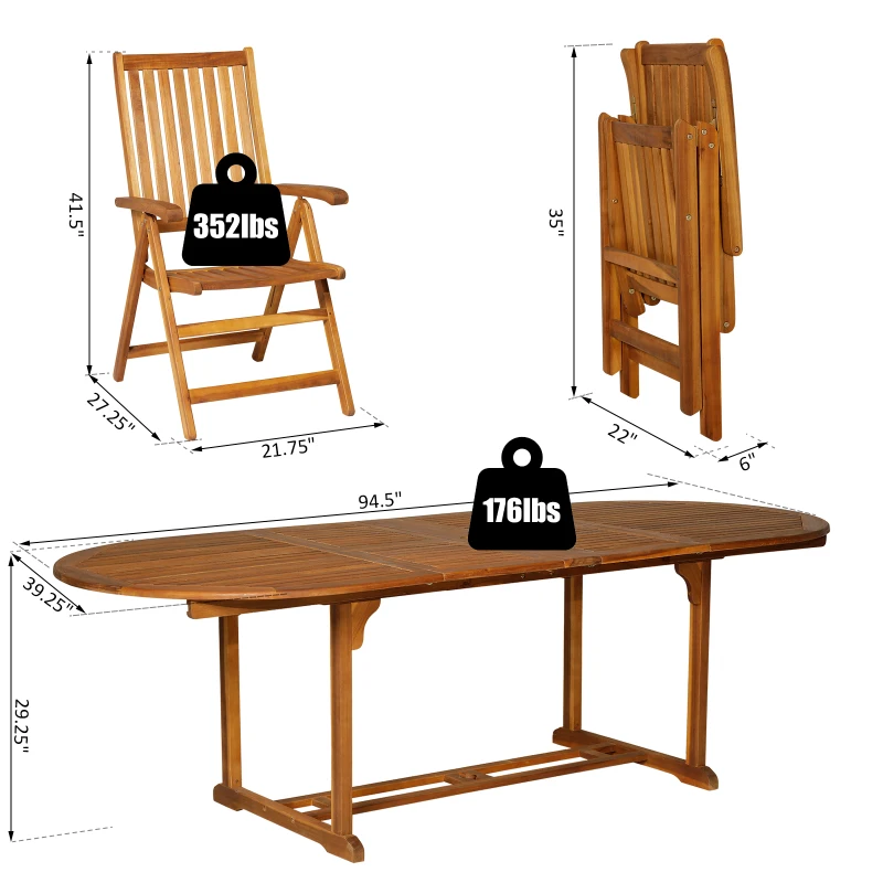 Outsunny 9pcs Acacia Wood Dining Set Expandable Table Folding Chair