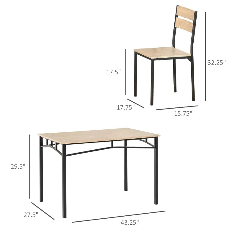 HOMCOM Rustic Industrial 5-Piece Dining Table Set Black Metal with 4 Chairs for Kitchen, or Dining Room, Oak