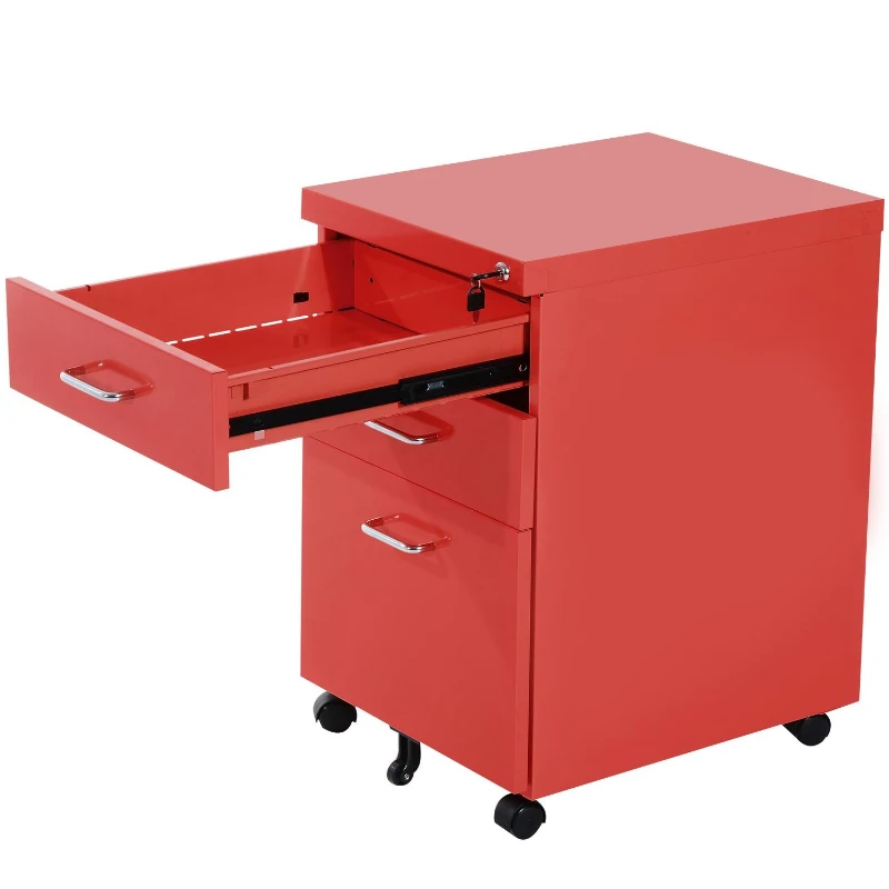 HOMCOM Rolling Filing Steel Cabinet Chest Organizer Cupboard Home Office Furniture with 3 Drawers and LOCK (Red)