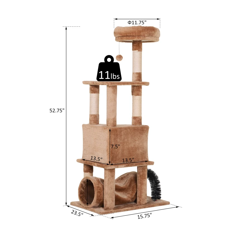 PawHut Cat Tree Tower with Natural Seaweed Scratch Posts Plush Perch  Ladder  Teasing Toy Ball and Fur Brush