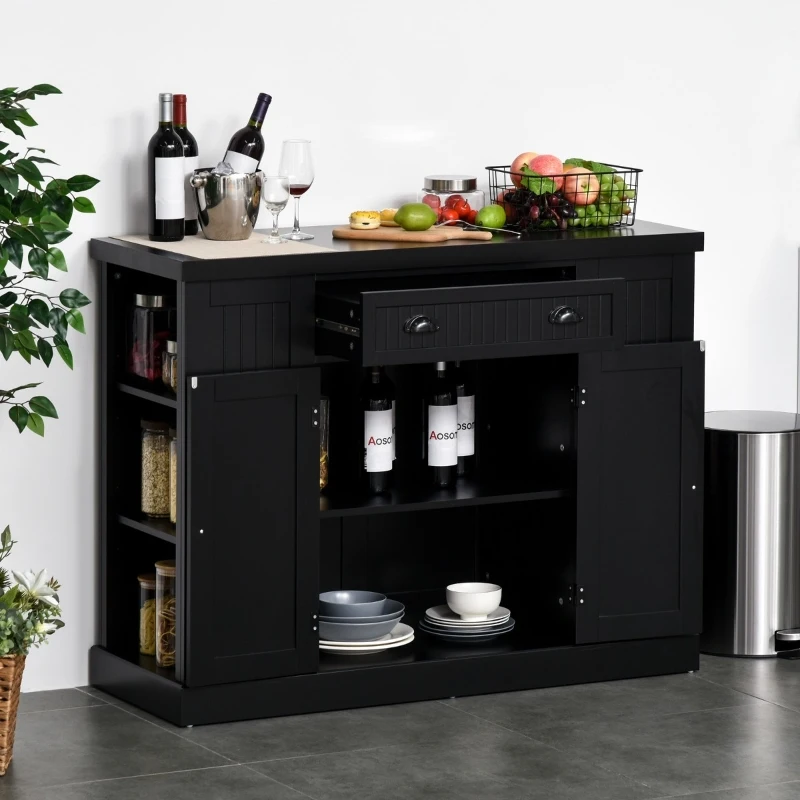 HOMCOM Fluted-Style Wooden Kitchen Island, Storage Cabinet with Drawer, Open Shelving, and Interior Shelving for Dining Room, Black