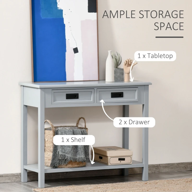 HOMCOM Console Table with 2 Storage Drawers and Open Shelf, Modern Sofa Table for Hallway, Living Room, or Bedroom, Grey