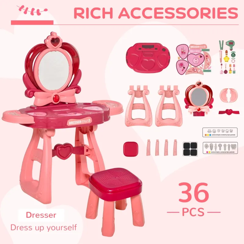 Qaba Kids Vanity Makeup Table Set with Chair, 36-Piece Princess Vanity Table and Comfortable Safe Stool, Imaginative Toy, Beauty Kits, Lights for 3 Years Old Red, Pink