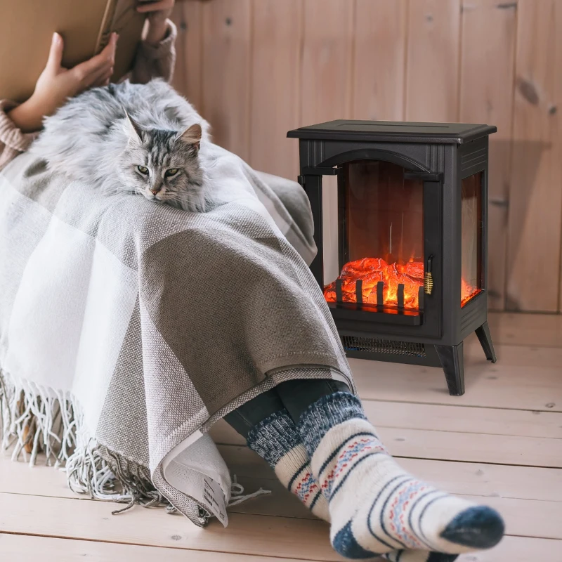 HOMCOM 23" Electric Fireplace Heater, Fire Place Stove with Realistic LED Flames and Logs and Overheating Protection, 750W/1500W, Black