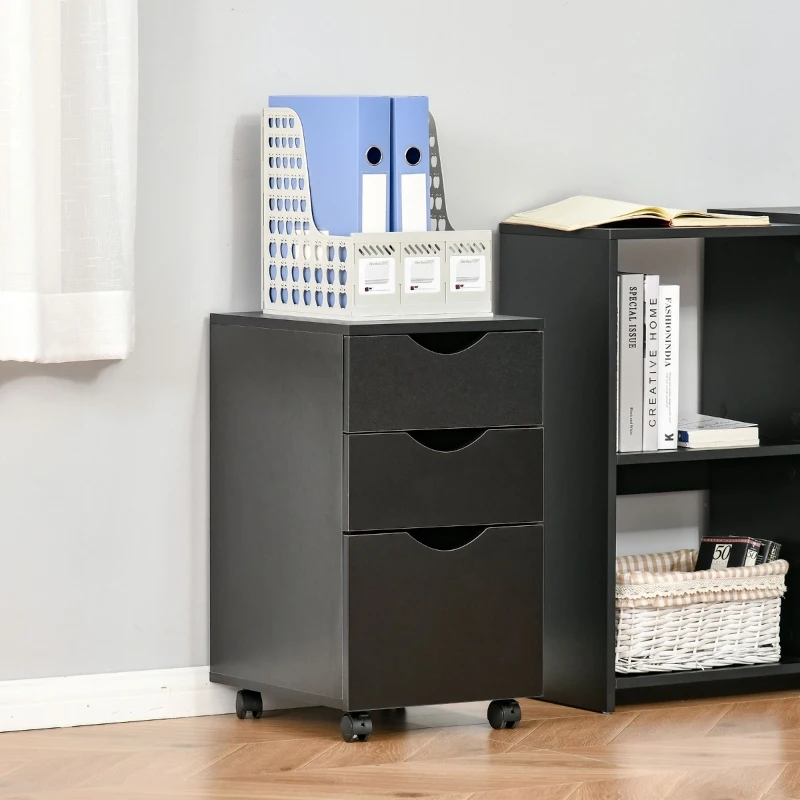 HOMCOM 3 Drawer Mobile File Cabinet with Wheels, Wood Filing Cabinet for Home Office, Rolling Under Desk Cabinet, Black