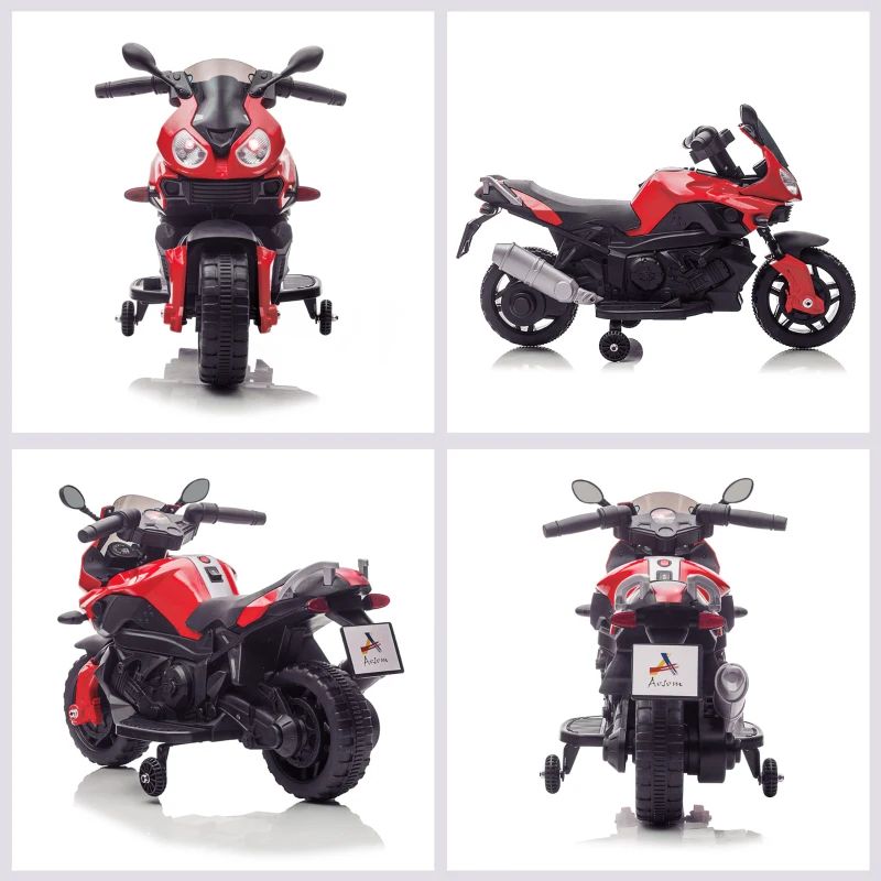 Aosom 6V Kids Motorcycle Dirt Bike Electric Battery-Powered Ride-On Toy Off-road Street Bike for Children with Rechargeable Battery, Pedal, Horn, Headlights, and Training Wheels for Balance Red