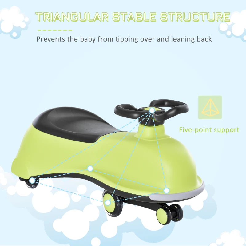 Qaba Kids Wiggle Car Ride on Toy with LED Flashing Wheels, Swing Car for Toddlers, No Batteries, Gears or Pedals - Twist, Turn, Wiggle Movement to Steer, Dolphin Shaped Green