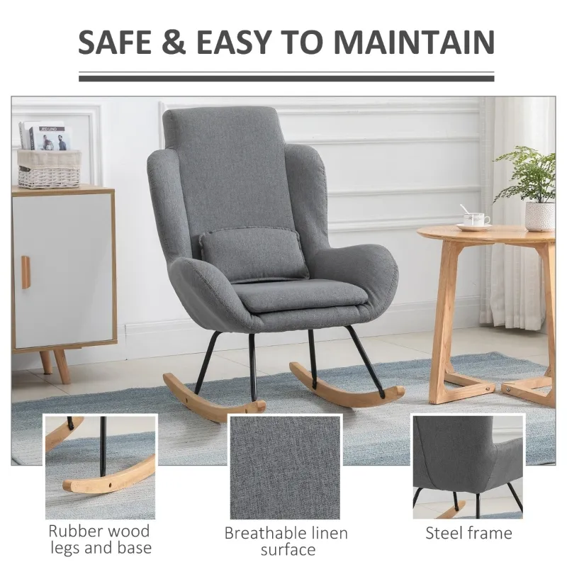 HOMCOM Modern Rocking Chair with Removable Lumbar Pillow Fabric Sofa Armchair with Thick Padding, Metal Frame, Wood Base for Living Room, Light Gray