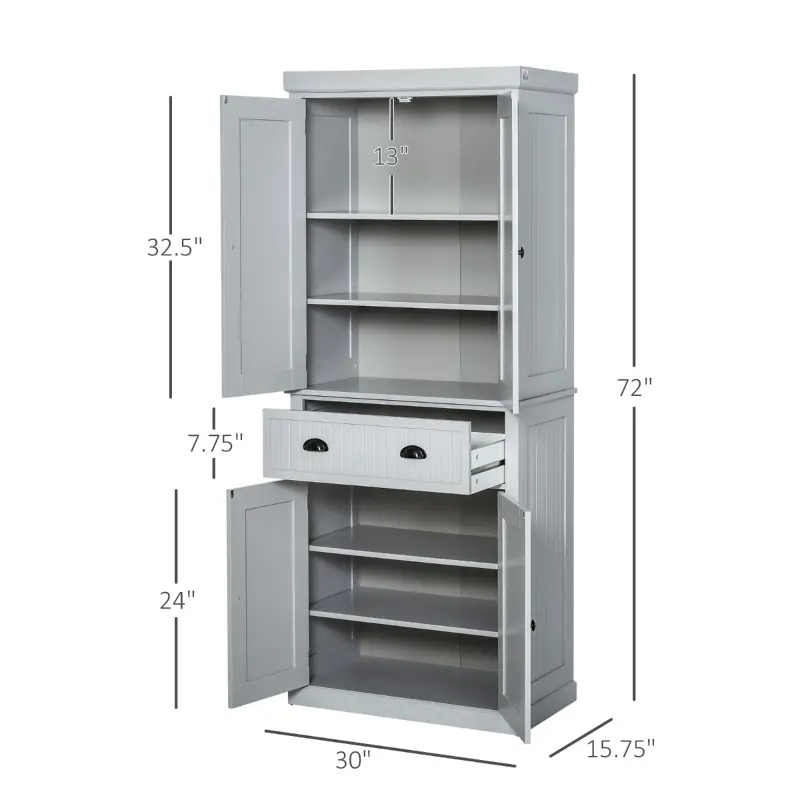 HOMCOM 72" Traditional Freestanding Kitchen Pantry Cabinet Cupboard with Doors and 3 Adjustable Shelves, Gray