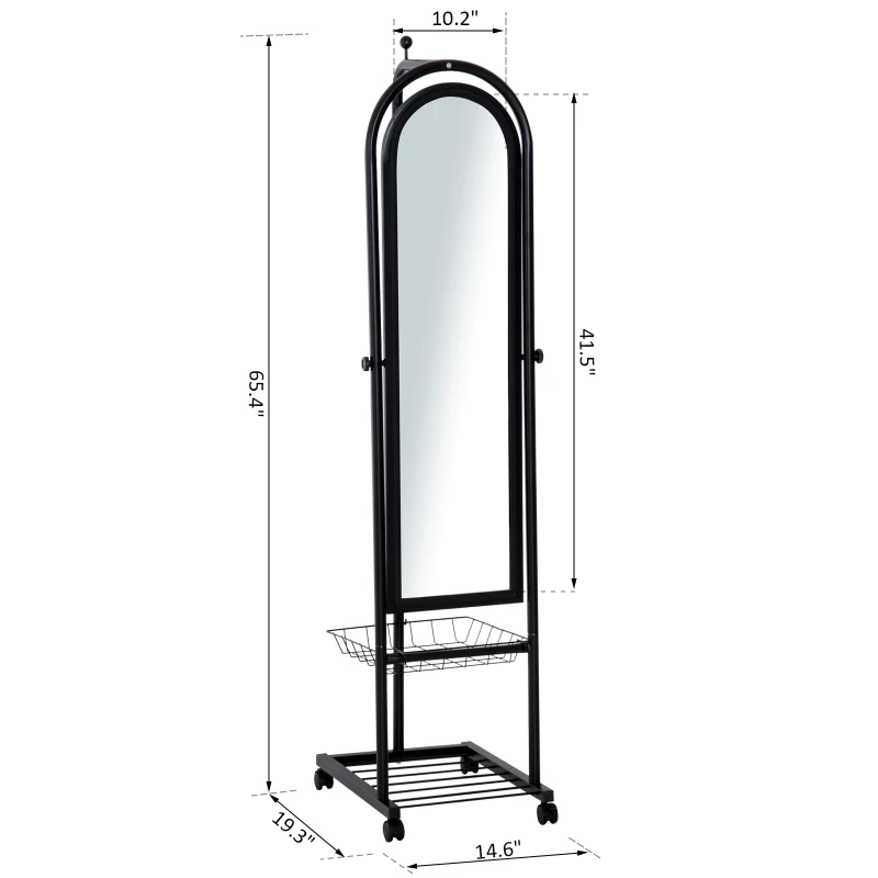 HOMCOM 65" Steel Rolling Floor Mirror Free Standing Tilt Dressing Mirror with Storage Home Furniture Black