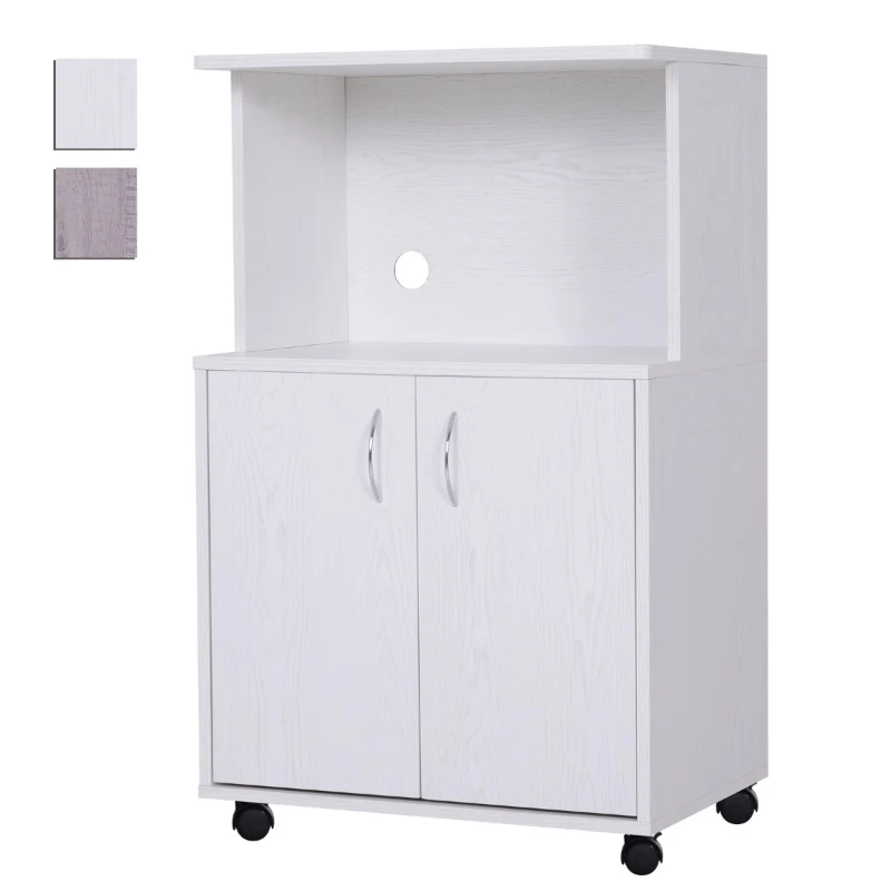 HOMCOM Microwaves Cart on Wheels with Storage Shelf and Cabinet White Oak Grain Color