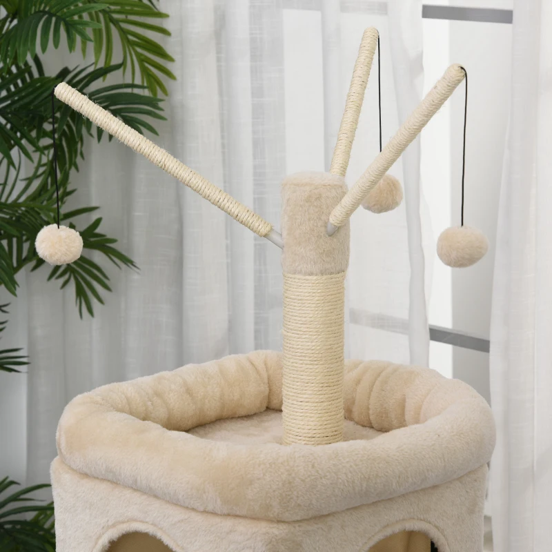 PawHut 3- Levels Plush Cat Tree Tower Ladder Shape Activity Center with Sisal Scratching Posts 3 Condos Funny Sticks and Balls, Beige