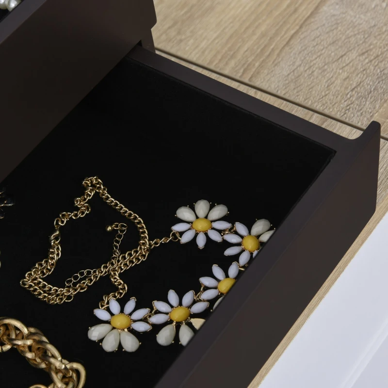 HOMCOM 3-Tier Jewelry Box Organizer with Glass Mirror and 6 Slots for Beauty Accessories, Costume Jewelry - Walnut