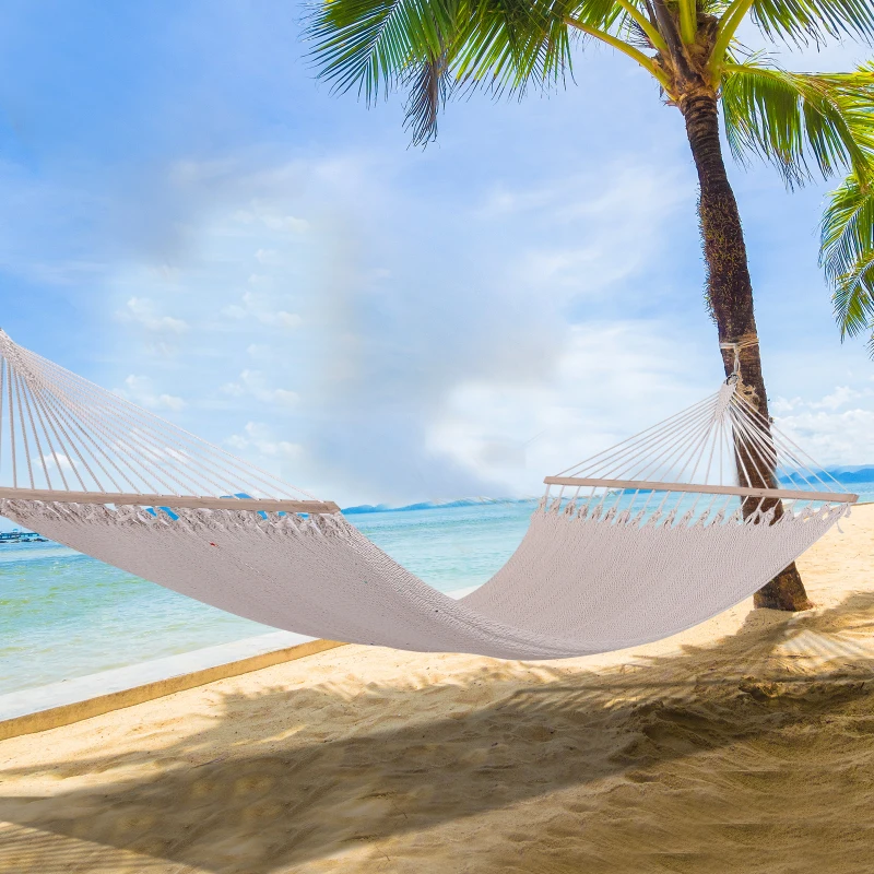 Outsunny Double Hammock Outdoor 2 Person Wide Swing Bed Portable Camping Sun Lounger w/ Wood Spreader Bar Cream