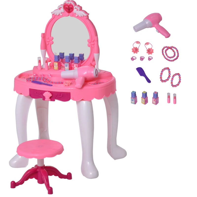 Qaba Kids Vanity Set, Pretend Play Girls Makeup Vanity with Lights, Music, Hair Dryer and Makeup Accessories, Pink