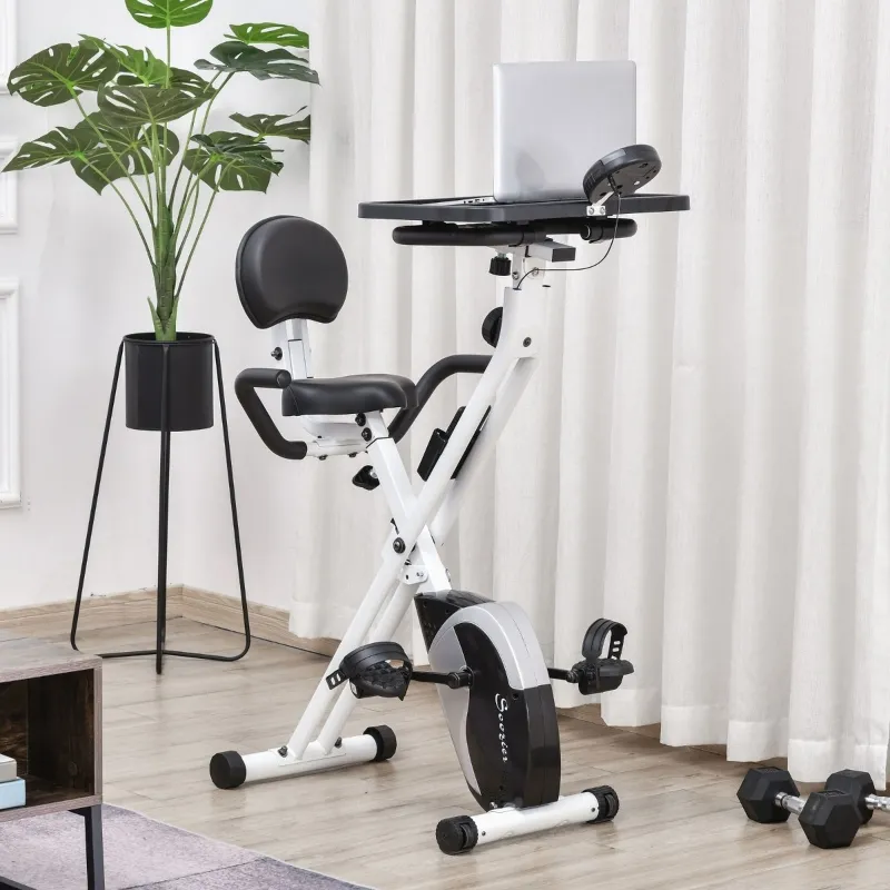 Soozier Stationary Exercise Bike with Adjustable Desktop, Seat Height and Resistance, 3lb Flywheel and Foldable Space-Saving Design, White