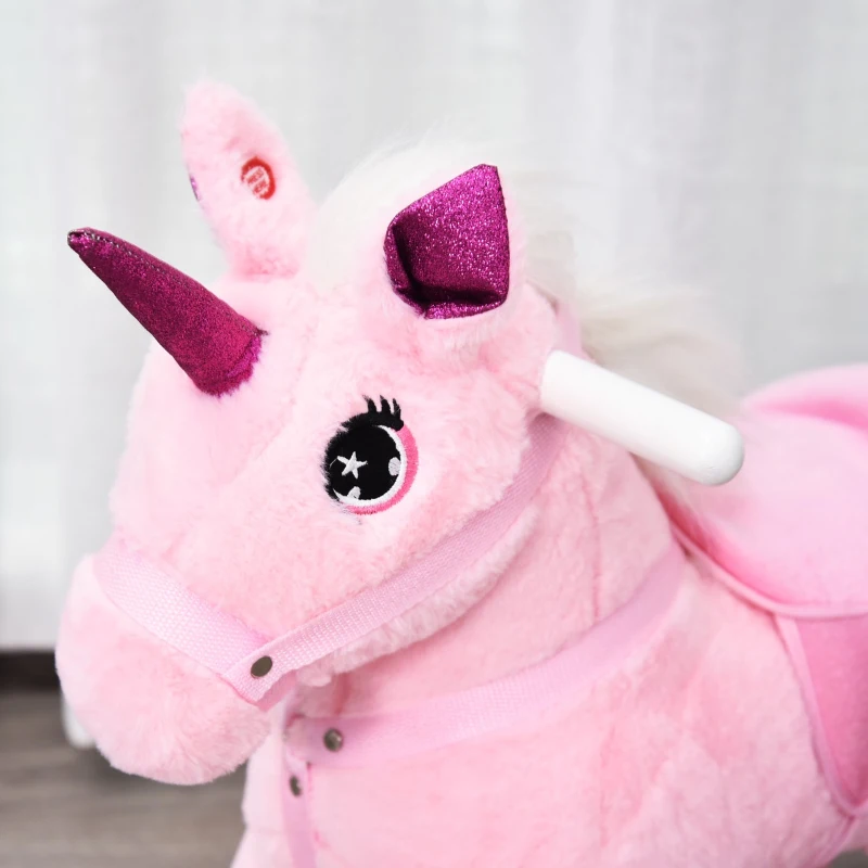 Qaba Unicorn Rocking Horse Toy with Sound for Kids  Wooden Plush Ride-On Rocker Battery Operated - Pink