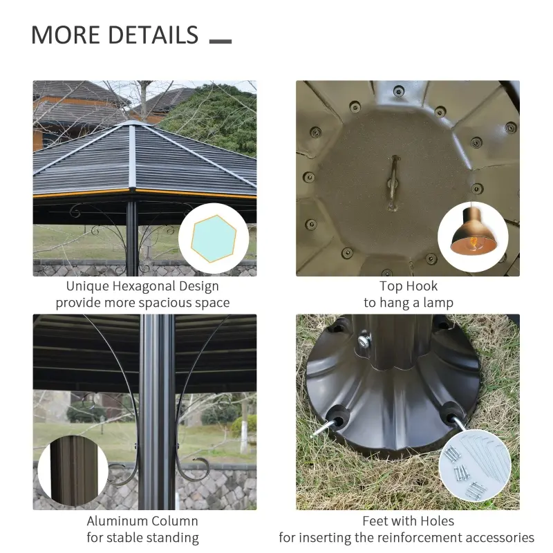 Outsunny 13' x 13' Hexagon Hardtop Gazebo Canopy with Galvanized Steel Roof, Aluminum Frame, Permanent Pavilion Outdoor Gazebo with Netting and Hook, for Patio, Garden, Backyard, Deck, Lawn