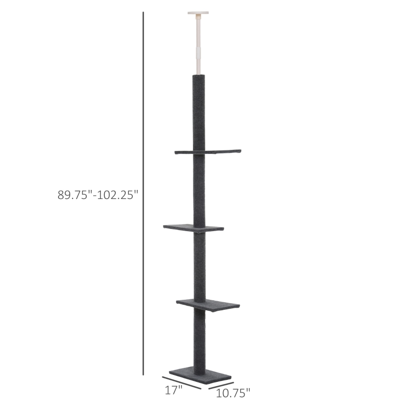 PawHut Floor-to-Ceiling Cat Tree Cat Climbing Tower with Sisal-Covered Scratching Posts Natural Cat Tree Activity Center for Kittens Cat Tower Furniture, Gray