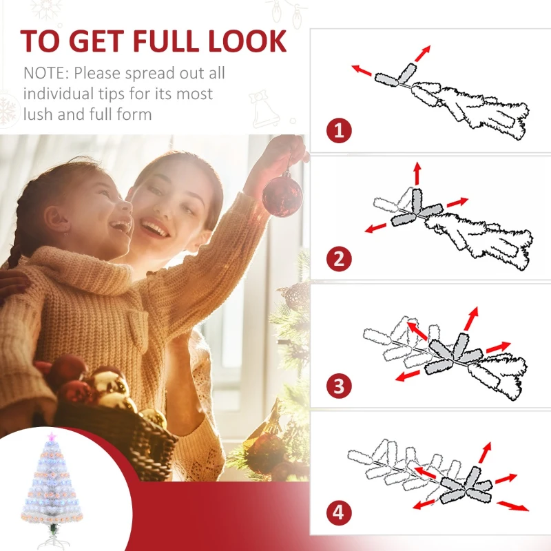 HOMCOM 4ft Fir Artificial Christmas Tree with Realistic Branches, 130 Multi-Color Fiber Optic LED Lights and 130 Tips, White