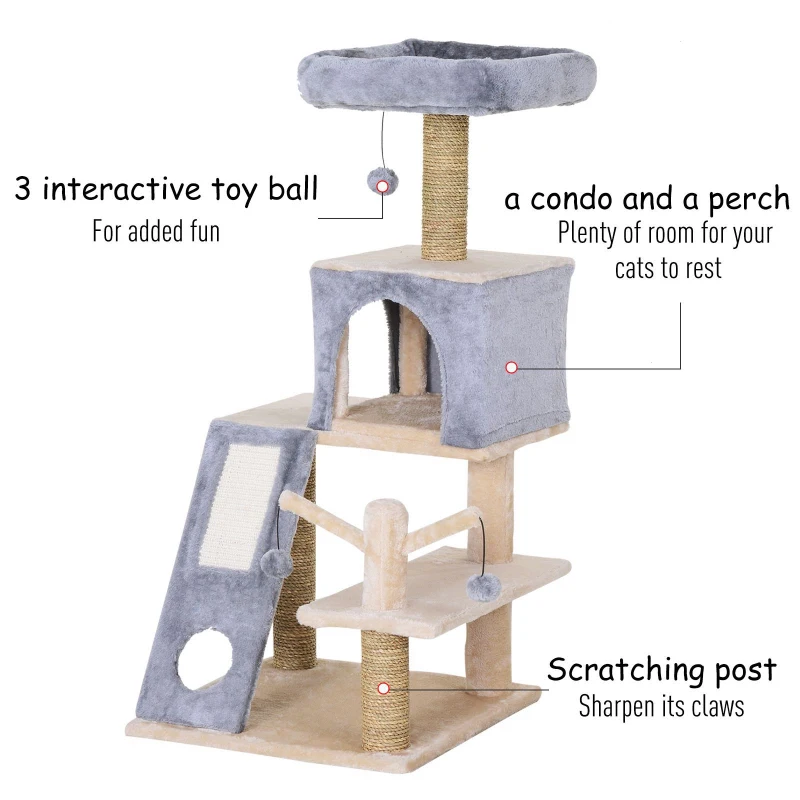 PawHut Cat Tree Tower with Natural Seaweed Scratch Posts Plush Perch  Ladder and Teasing Toy Ball
