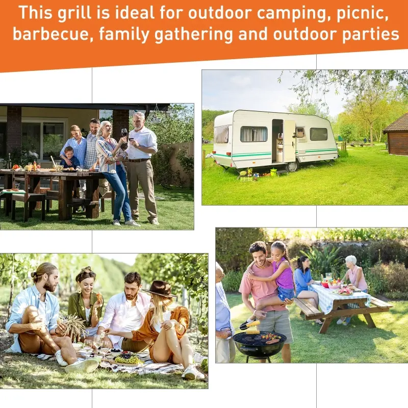 Outsunny 20" Charcoal Barbecue Grill with Wooden Handle Portable Outdoor Camping Charcoal Barbecue Grill Improved Air Circulation