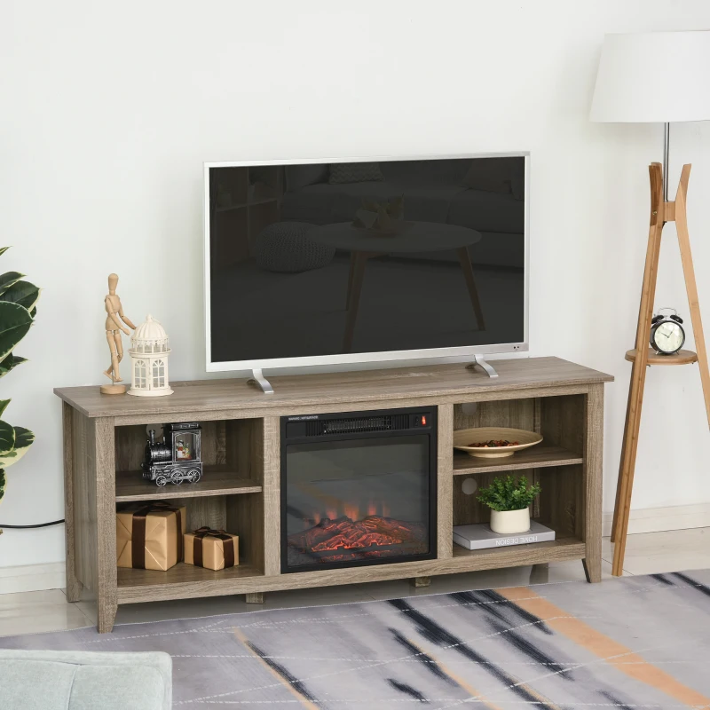 HOMCOM 60" W x 23.5" H Electric Fireplace Mantel TV Stand, Media Console Center Cabinet with 2 Adjustable Shelves, 4 Cable Management Holes and Fits up to 65" TV, Brown