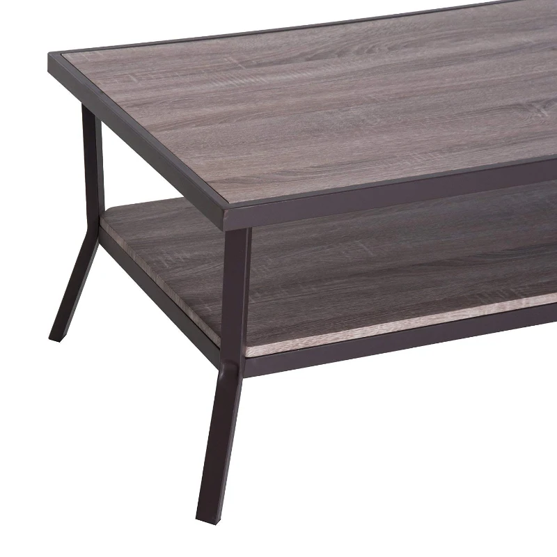 Open Box HomCom Rustic Industrial Minimal Two Tier Wooden Coffee Table - Light Brown Woodgrain