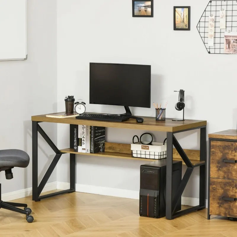 HOMCOM 55 Inch Industrial Writing Desk with Storage Shelf, Computer Desk with K-Shaped Steel Frame and Adjustable Footpads for Office, Black/Brown