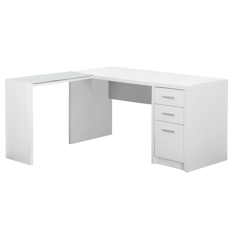 Monarch Contemporary L-Shaped Corner Computer Desk with Storage Drawers, File Drawer and Side Table with Tempered Glass Top - White