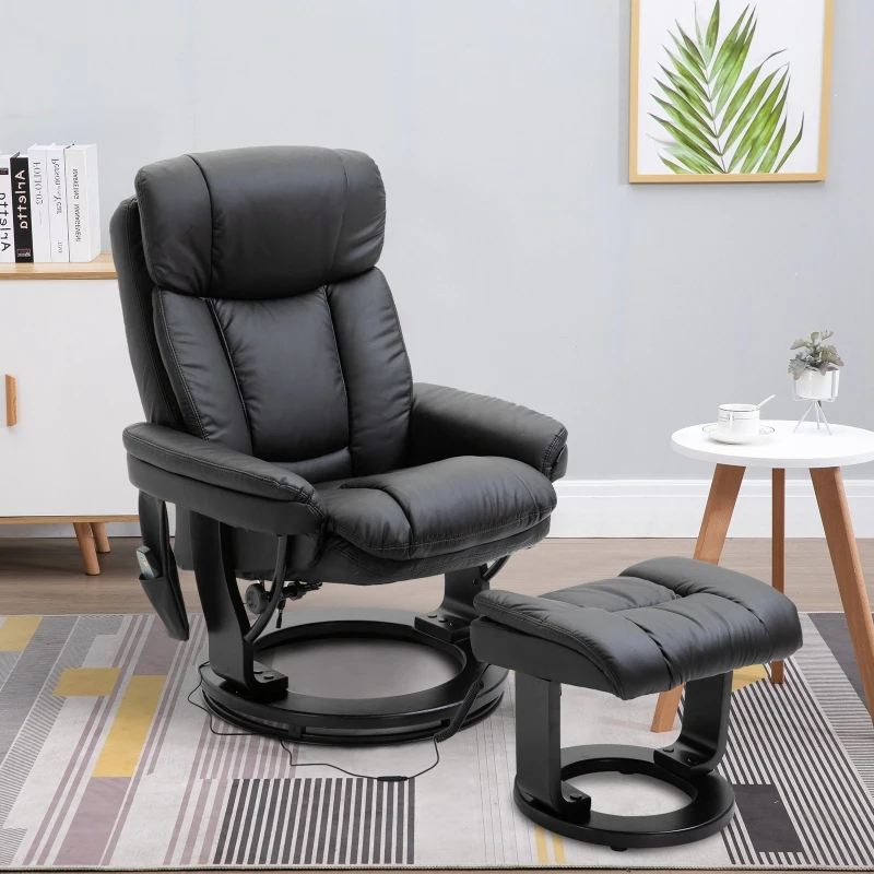 HOMCOM PU Leather Massage Sofa Recliner Chair with Ottoman Heated 10 Point Vibration Swiveling Armchair, Black