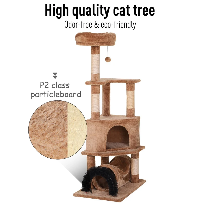 PawHut Cat Tree Tower with Natural Seaweed Scratch Posts Plush Perch  Ladder  Teasing Toy Ball and Fur Brush