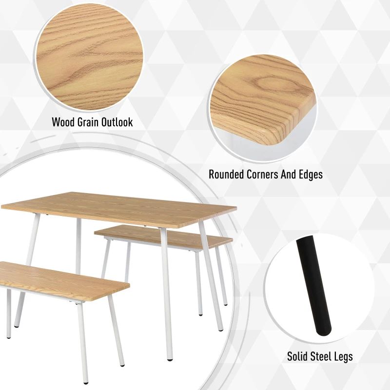 HOMCOM 3 PCs Table Dining Set With 2 Matching Benches P2 Grade MDF Steel Legs Dining Room - Natural