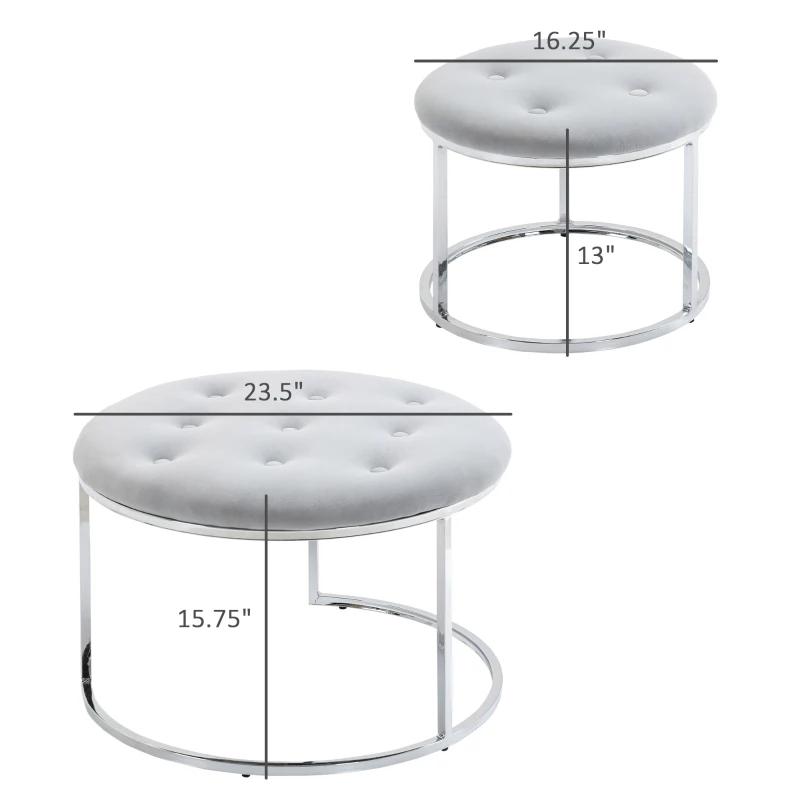 HOMCOM Nesting Coffee Table Set of 2, Round End Tables with Velvet-Feel Button Tufted Top for Living Room, Home Office, Grey