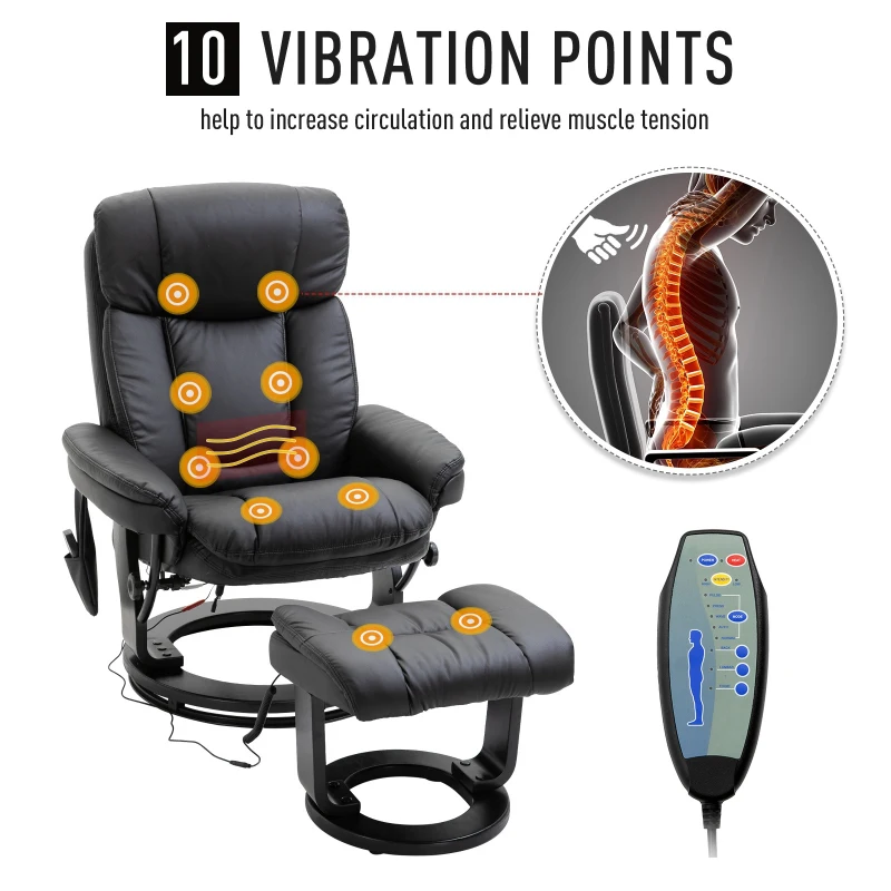 HOMCOM PU Leather Massage Sofa Recliner Chair with Ottoman Heated 10 Point Vibration Swiveling Armchair, Black