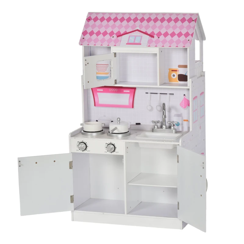 Qaba 2-in-1 Multifunctional Kitchen & Dollhouse Toy for Kids & Toddlers with Included Accessories, & Simulated Design