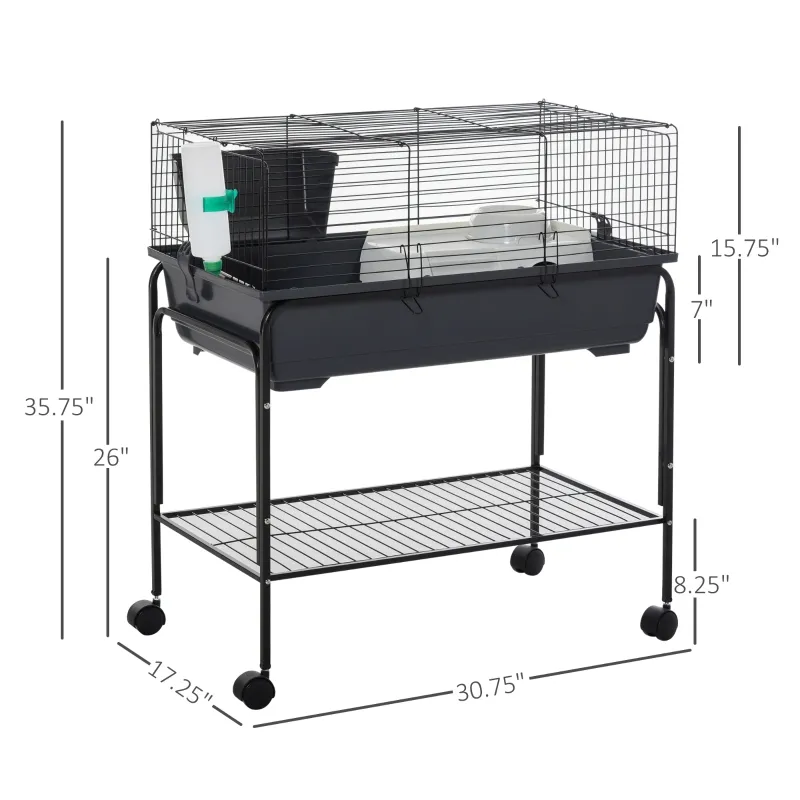 PawHut Two-Story Small Animal Cage Removable from Stand, Pet Habitat with Shelf & Wheels, 33" x 18.5" x 35", Charcoal Gray