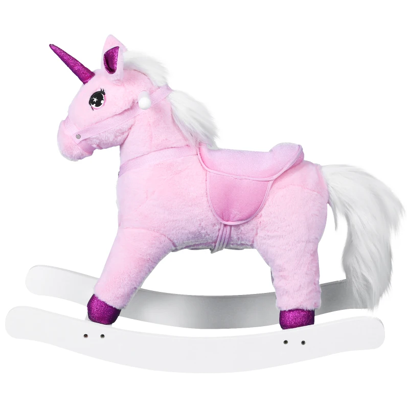 Qaba Kids Plush Toy Rocking Horse Unicorn with Realistic Sounds - Pink