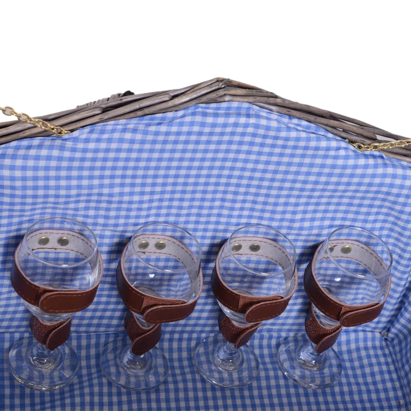 Outsunny Double-Lid Wicker Picnic Basket for 4 People Cutlery Plate Wine Glass