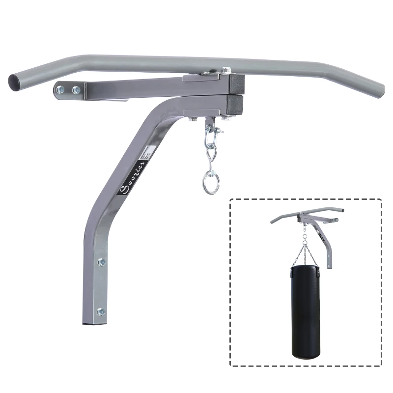 Soozier 2 in 1 Heavy-duty Wall Mounted Pull Up Bar with Punching Bag Hanger Boxing Training Hook Strength Training Machine Grey