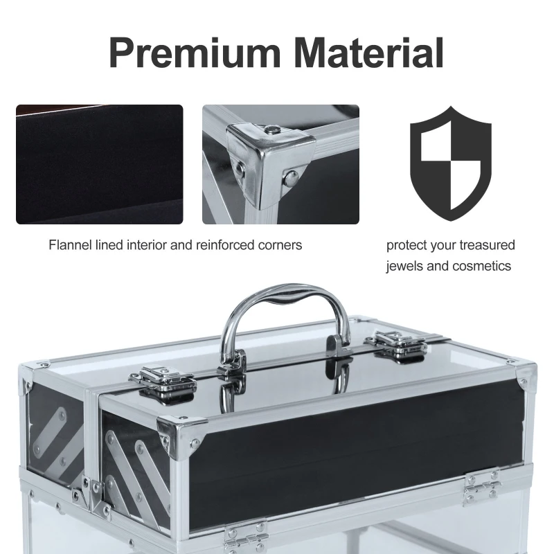 HOMCOM Portable Makeup Case Train Case Lockable Aluminum w/ 4 Trays & Bottom Drawer Sliver