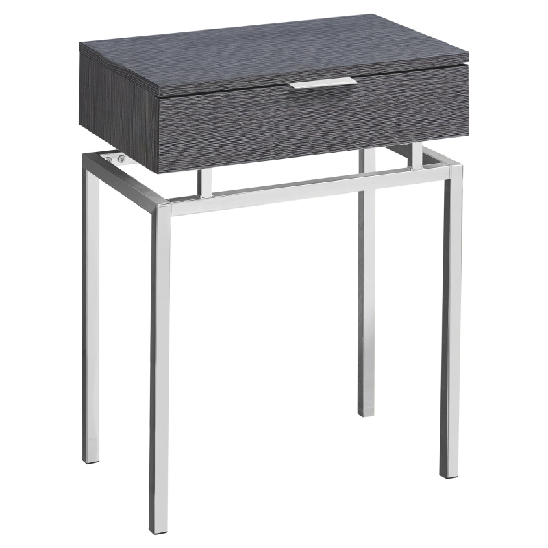 Monarch 24" Contemporary End Table Night Stand with Large Storage Drawer and Metal Base - Grey Wood Grain-Look / Chrome Base