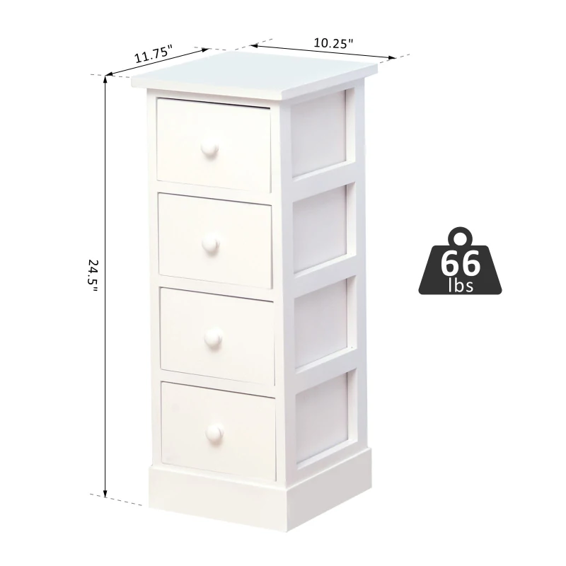 HOMCOM Set of 2 Wood Cabinet Tall Bedside Table Nightstand Storage Unit with 4 Drawers White
