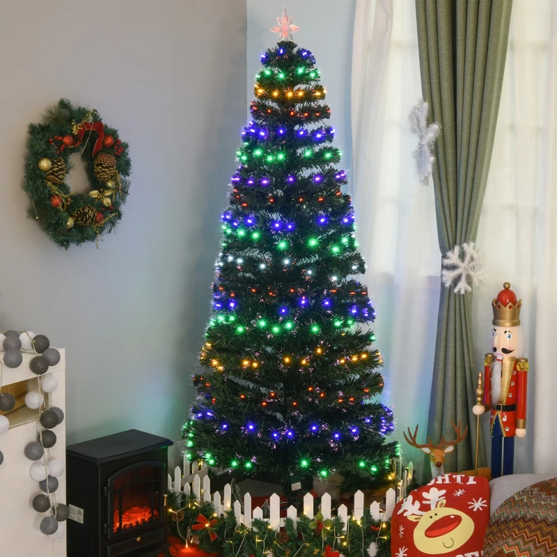 HOMCOM 7FT Pre-Lit Fiber Optic Arfiticial Christmas Tree with Star Tree Topper, Solid Metal Base, 280 Branch Tips, 6 Color LED Lights for Home and Holiday Decoration