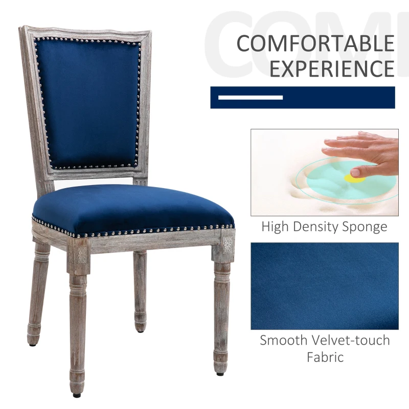 HOMCOM Vintage Upholstered Dining Chairs Set Of 2 with Nailhead Trim , Thick Padded Seat Cushions, and Wood Legs, Blue