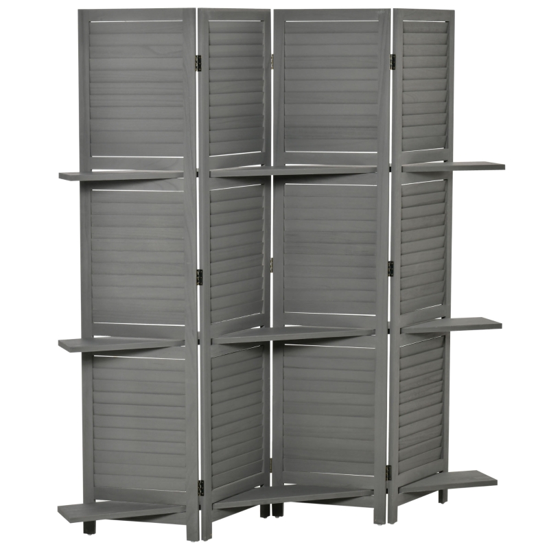 HOMCOM 4 Panel 67" Tall Wood Wall Divider Room Divider with 3 Display Shelves, and Folding Storage for Bedroom or Home Office, Grey