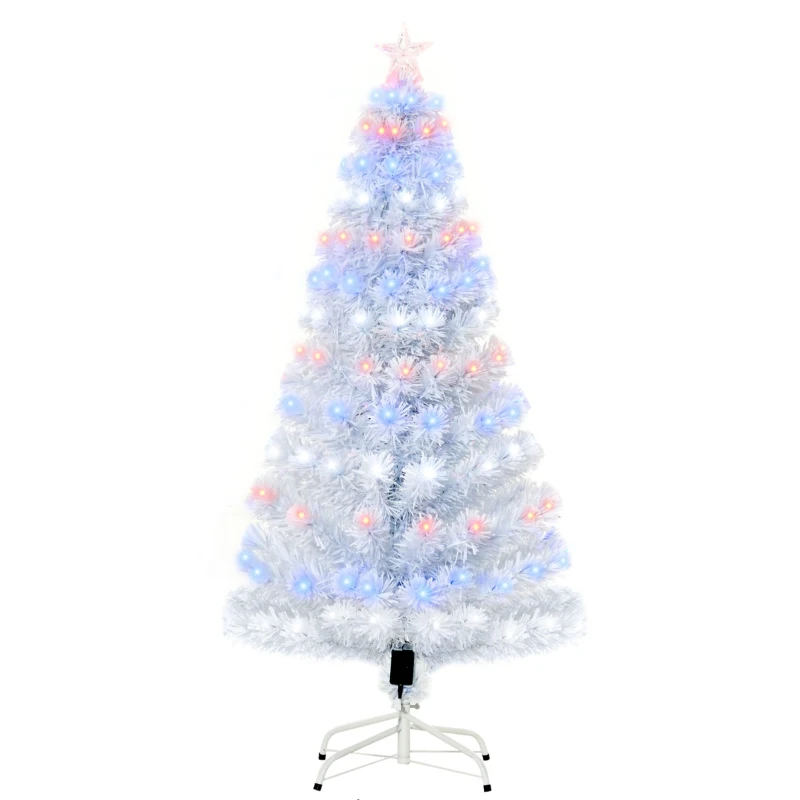 HOMCOM 5ft Prelit Artificial Christmas Tree with LED Lights, Multicolored Fiber Optics and Realistic Branch Tips, White