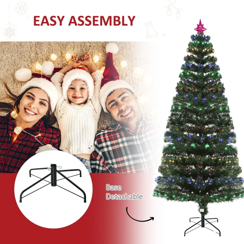 HOMCOM 7FT Pre-Lit Fiber Optic Arfiticial Christmas Tree with Star Tree Topper, Solid Metal Base, 280 Branch Tips, 6 Color LED Lights for Home and Holiday Decoration