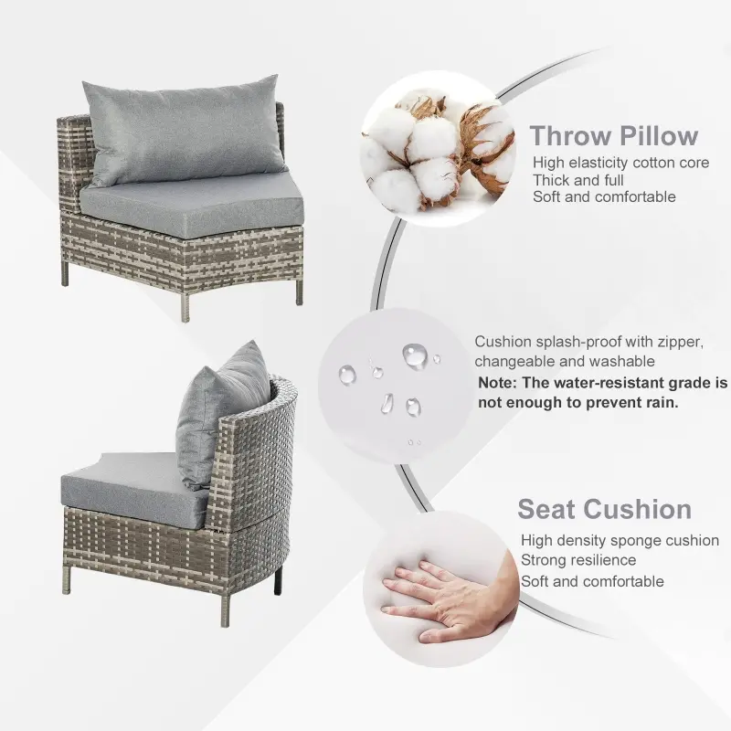 Outsunny 5PC Outdoor Patio Furniture Set Garden Rattan Wicker Sofa Cushioned Half-Moon Seat Deck w/ Pillow Grey