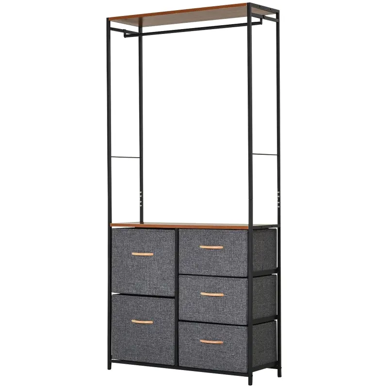 HOMCOM Industrial Storage Cabinet Coat Rack Bedroom Hall Tree Organiser with Long Coat Hanger, 5 Drawers & Storage Shelf